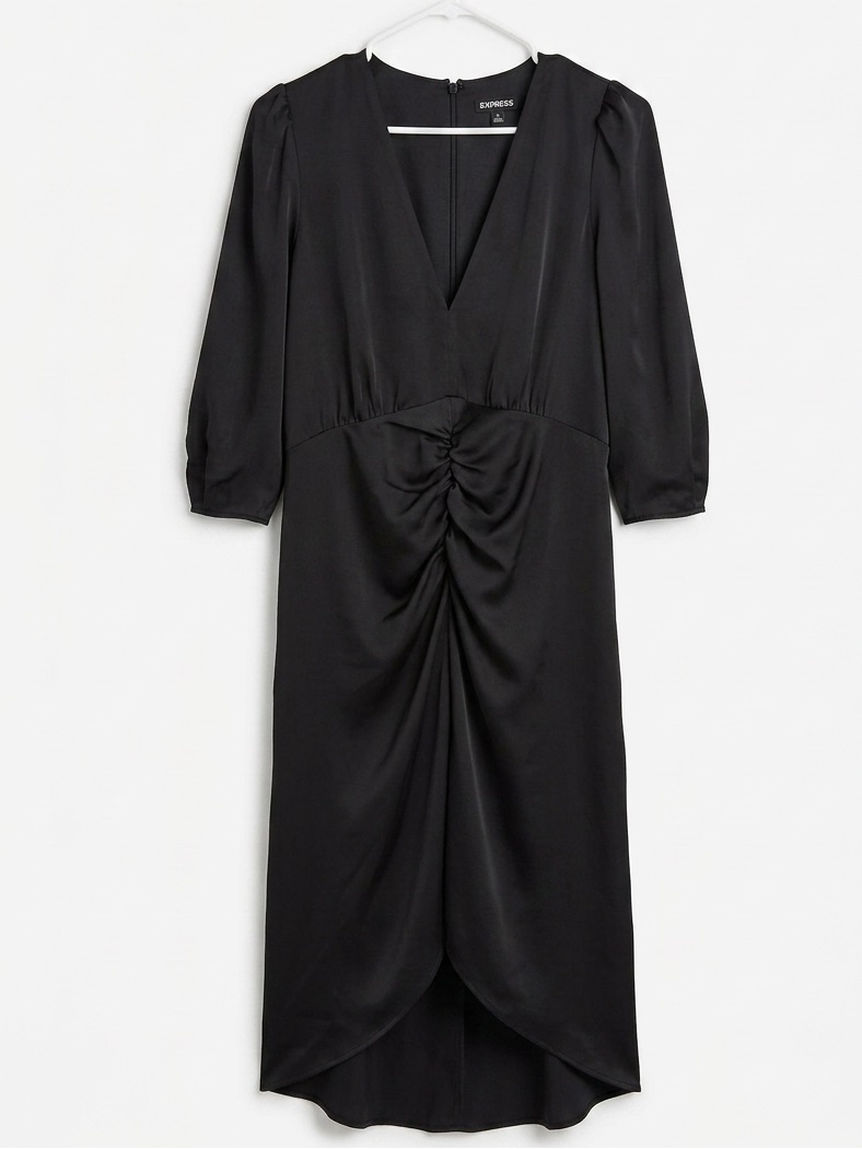 Express Black Ruched Front V-Neck Midi Dress